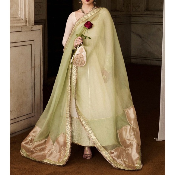 Elegant Cream and Green Maxi Dress Hussain Rehar - Picture 2 of 10